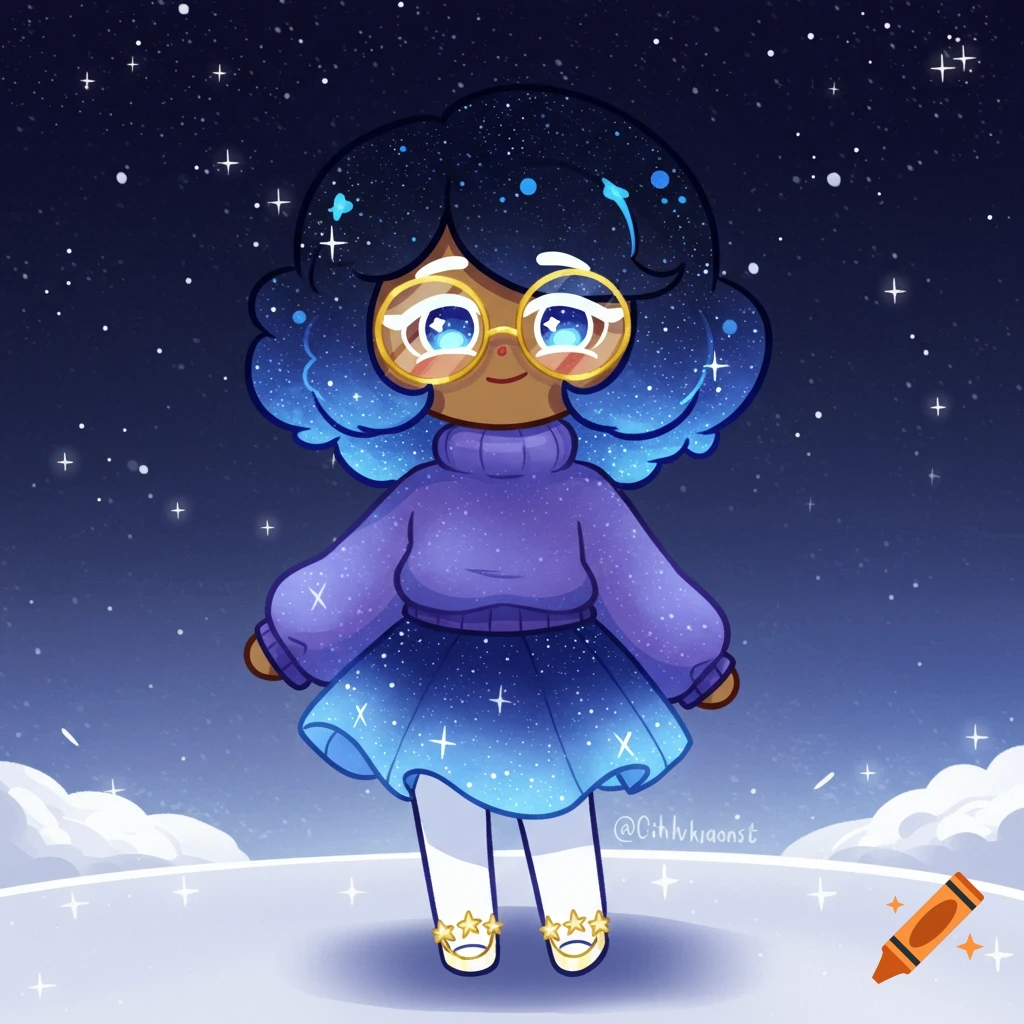 A cute character with starry hair, glasses, a purple sweater, and a star-dappled skirt stands under a starry sky.