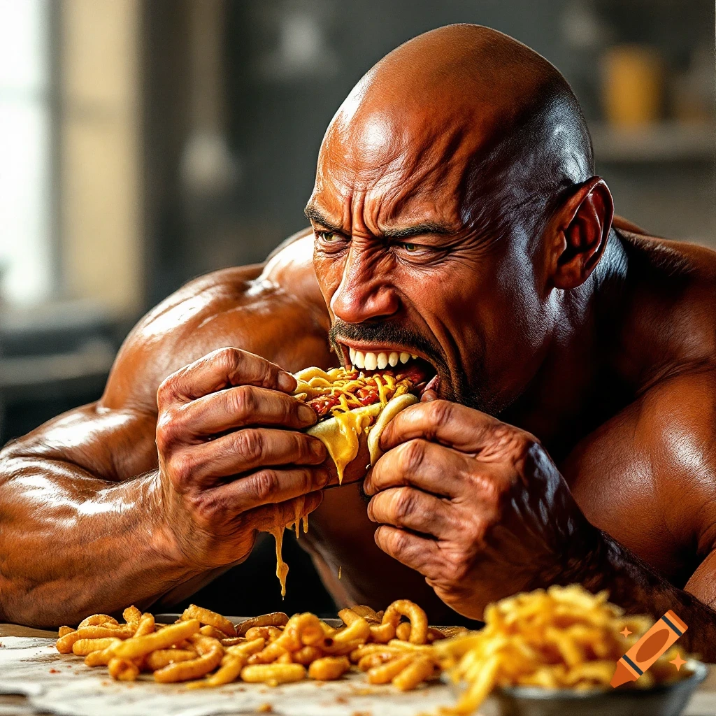 Photorealistic image of Dwayne Johnson intensely eating a hotdog and french fries.