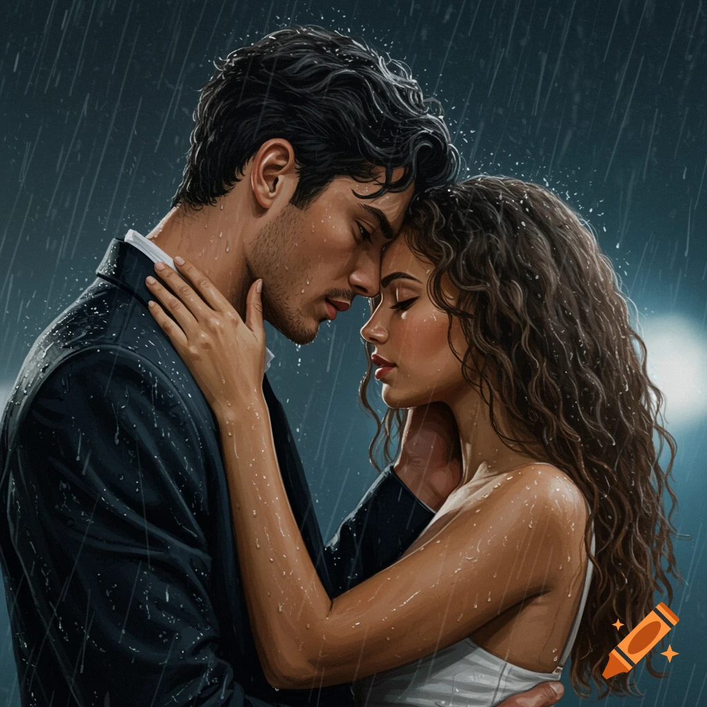 Illustration of a man and woman embracing in the rain.