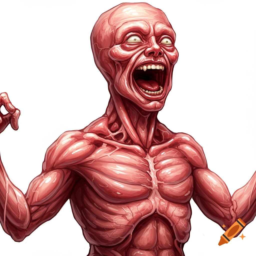 A red, muscular humanoid figure screams excitedly, isolated on a white background.