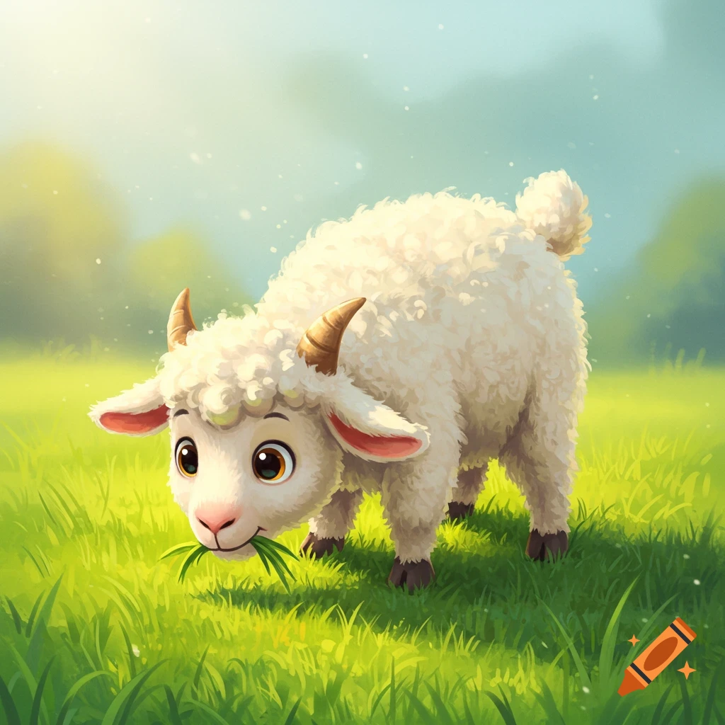 A cute cartoon sheep or goat character grazes in a sunlit green field.