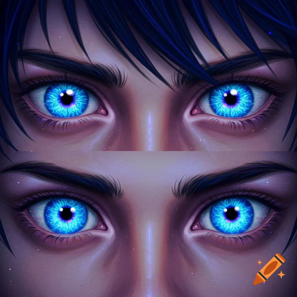 Close-up of two pairs of anime-style eyes with glowing blue, intricate irises.