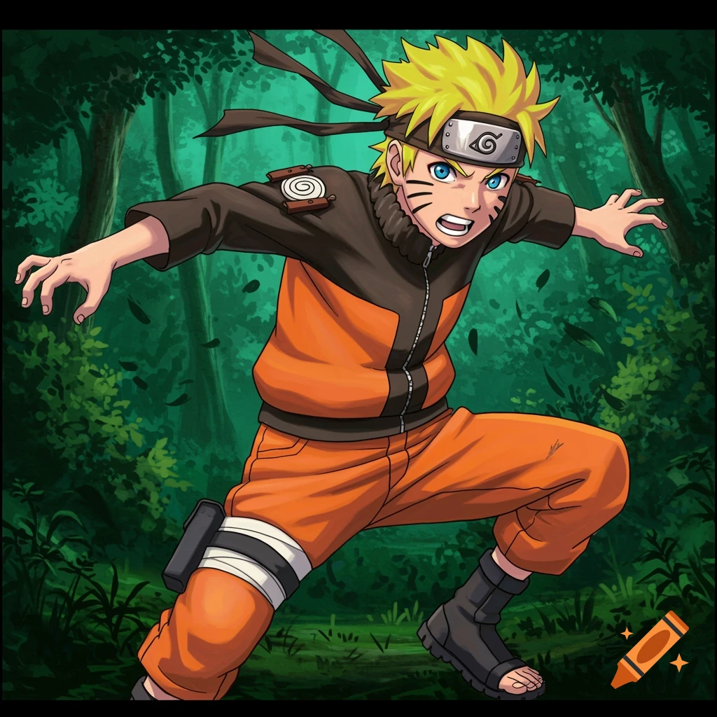 Anime illustration of Naruto in a dynamic pose in a forest