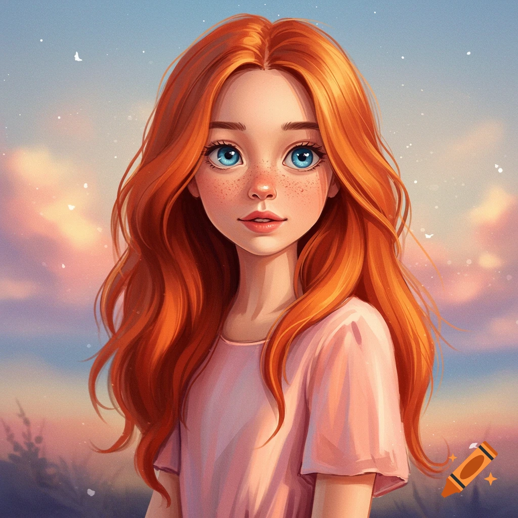 Illustration of a young girl with red hair, blue eyes, and freckles against a sunset sky.