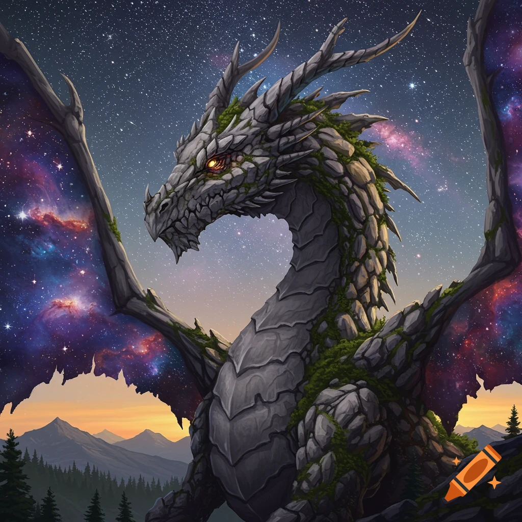 A large grey stone dragon covered in moss sits in a mountain landscape under a starry sky, its wings displaying nebulae.