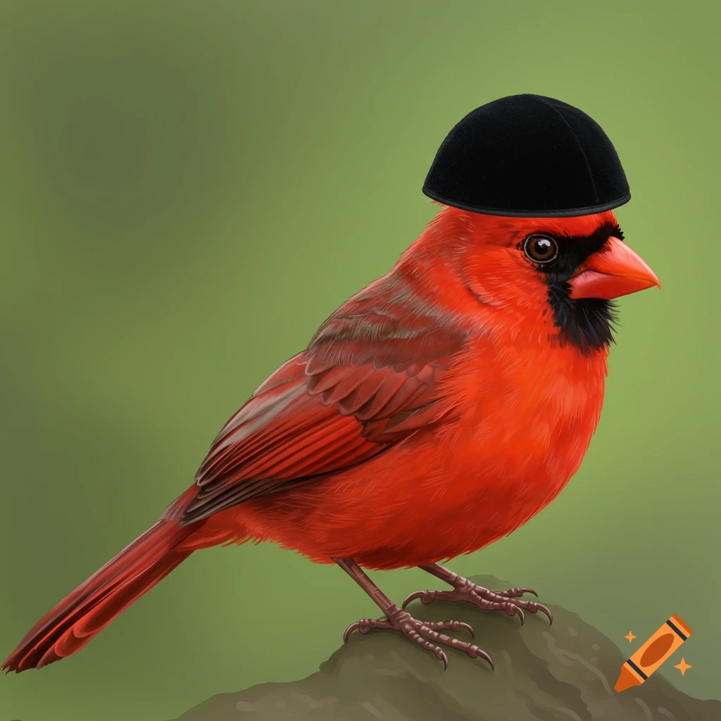 A red cardinal wearing a black hat perches on a rock.