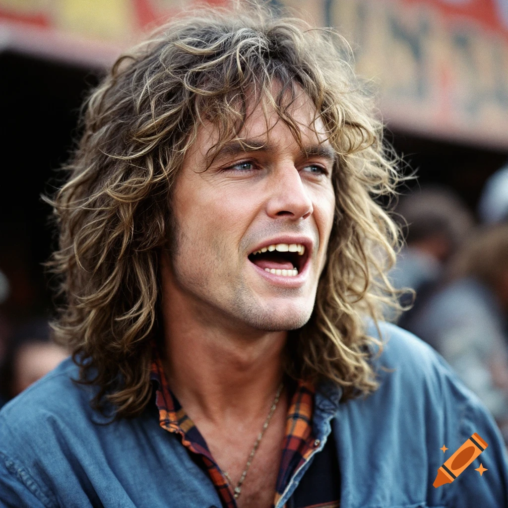 Close-up portrait of a man resembling Robert Plant with long curly hair, wearing a blue jacket and plaid shirt, singing.