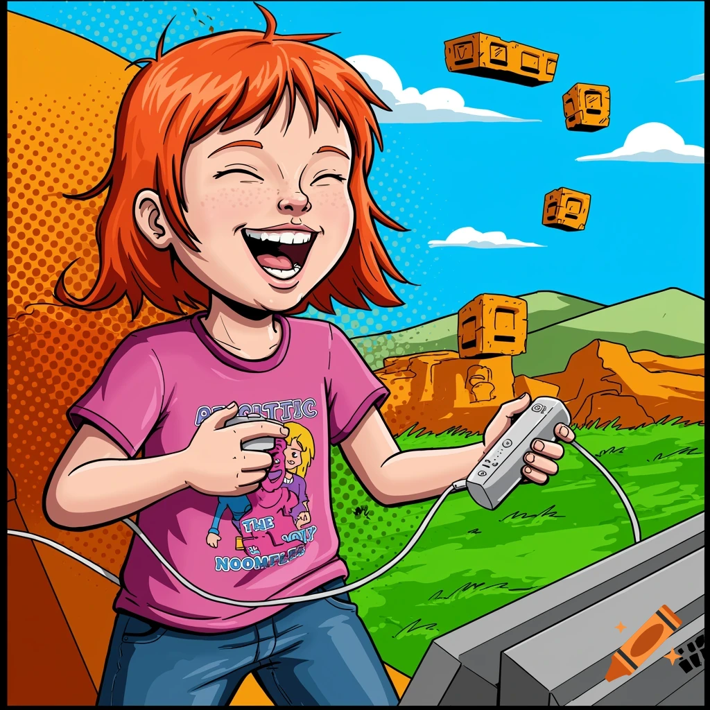 A young girl with red hair laughing and playing a video game with a Wii controller in a cartoon style.
