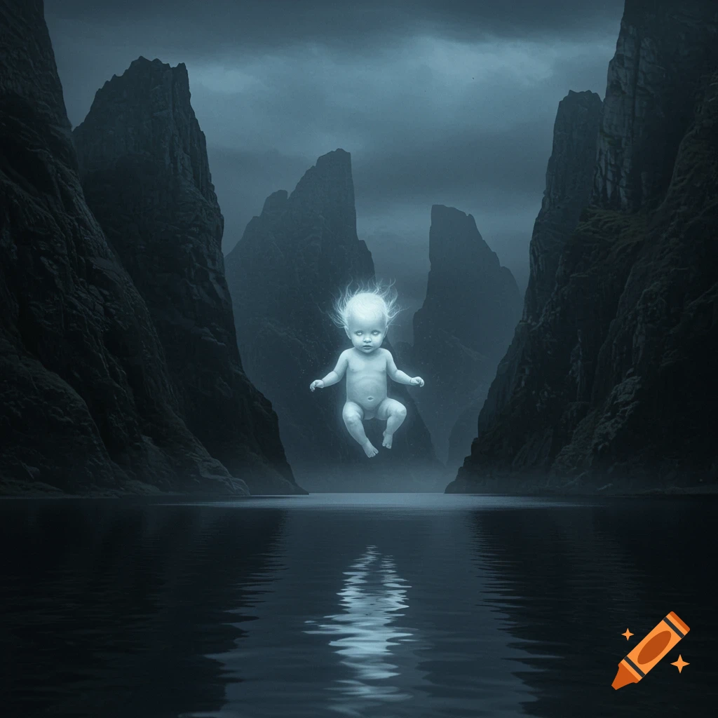A glowing ghost baby floats above dark water surrounded by rocky mountains.