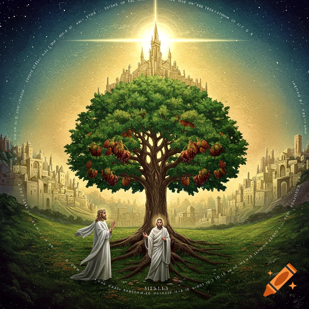 Two robed figures stand by a large tree with fruit in a fantasy landscape with a city and celestial sky.