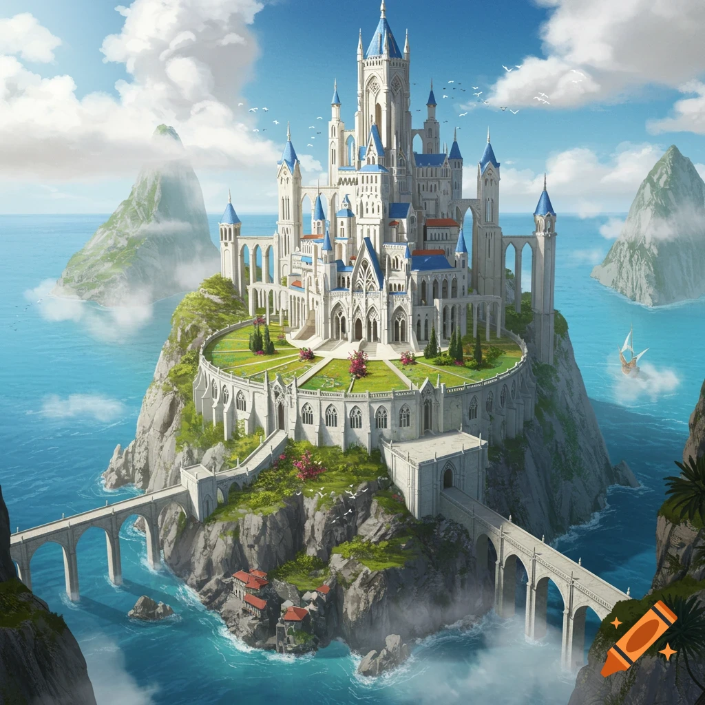 A majestic fantasy castle on a rocky island surrounded by the sea, connected by bridges.