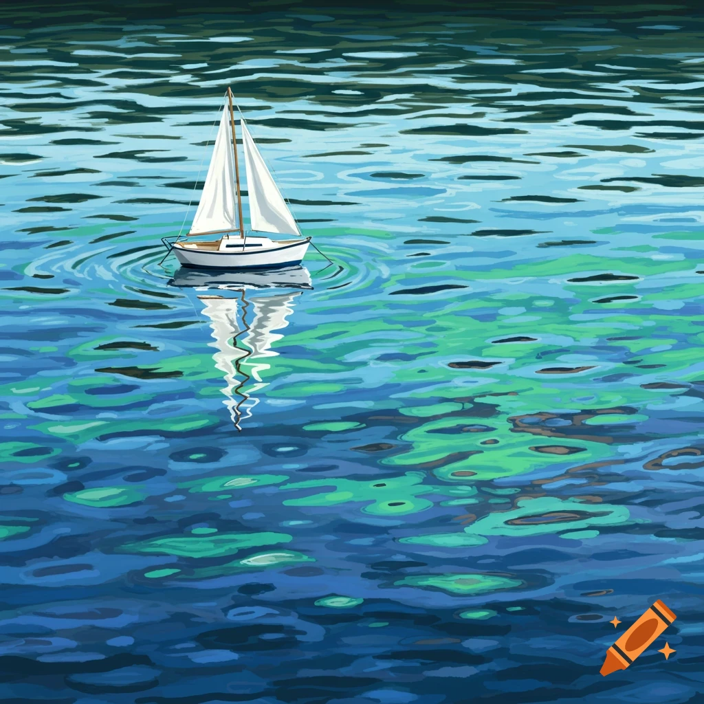 A white sailboat floats on abstract blue and green water with a reflection.