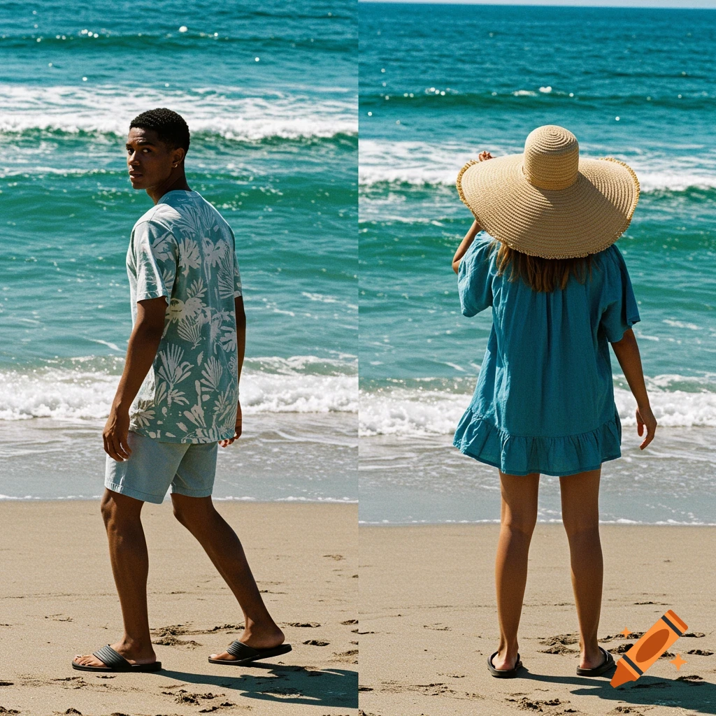 Two people pose on a beach, a man in a patterned shirt and shorts, and a woman in a blue dress and large hat.