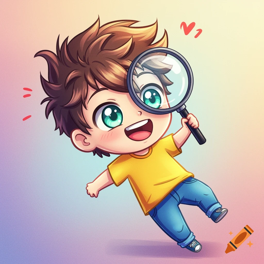 Cute chibi boy looking through a magnifying glass