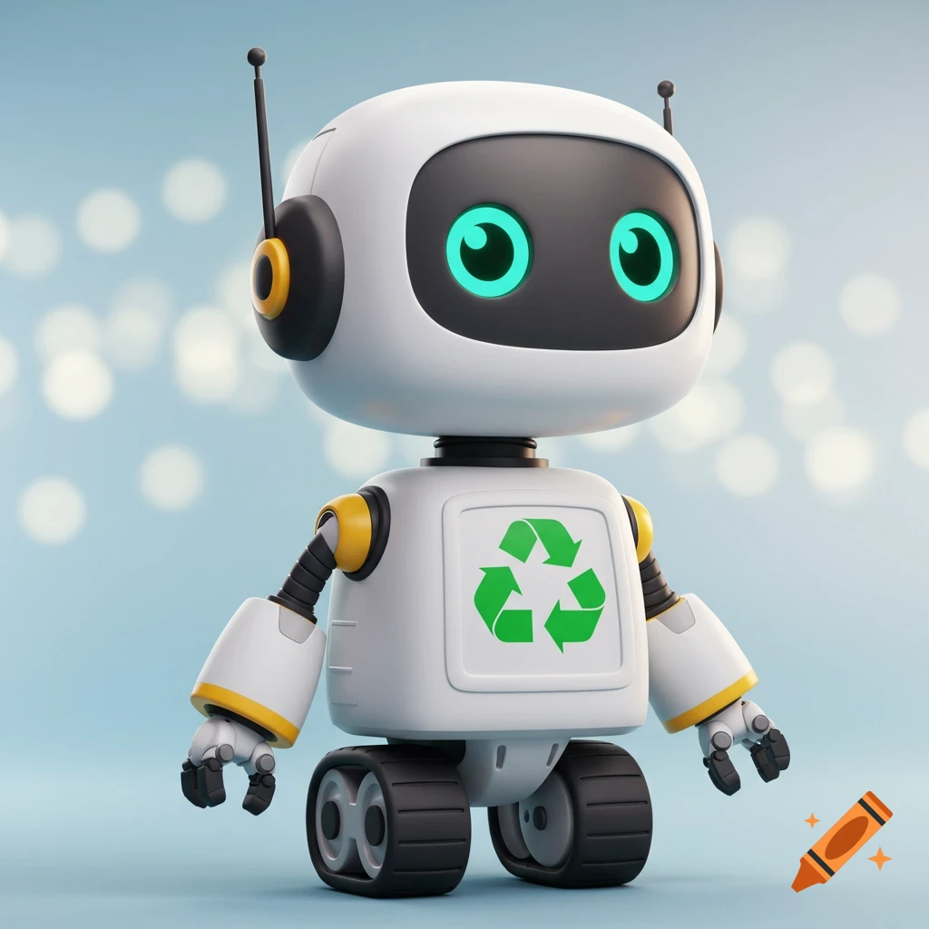 Cute simple robot with mechanical arm and recycling symbol on craiyon