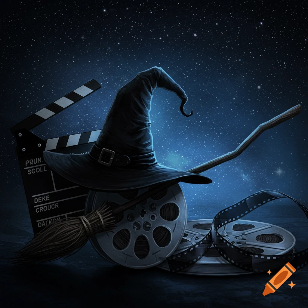 A witch's hat and broomstick rest on a film reel and clapboard under a starry sky, illustration.