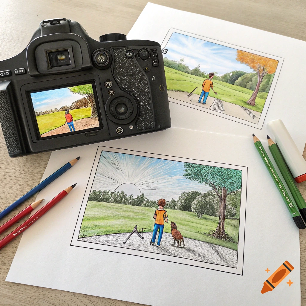 A camera, colored pencils, and two drawings are arranged on a table. The drawings depict a person and a dog in a park.