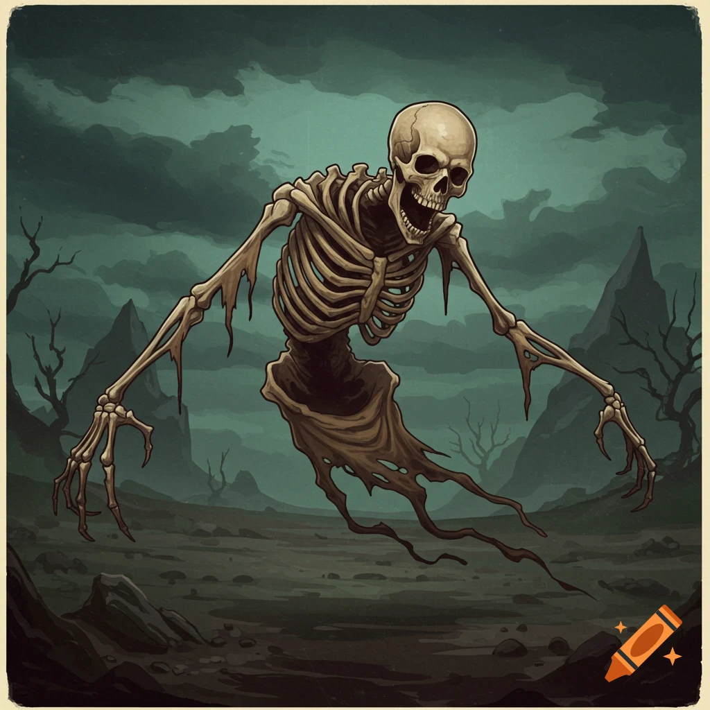 A skeleton ghost floats in a spooky dark landscape with mountains and bare trees, in a dark fantasy illustration style.