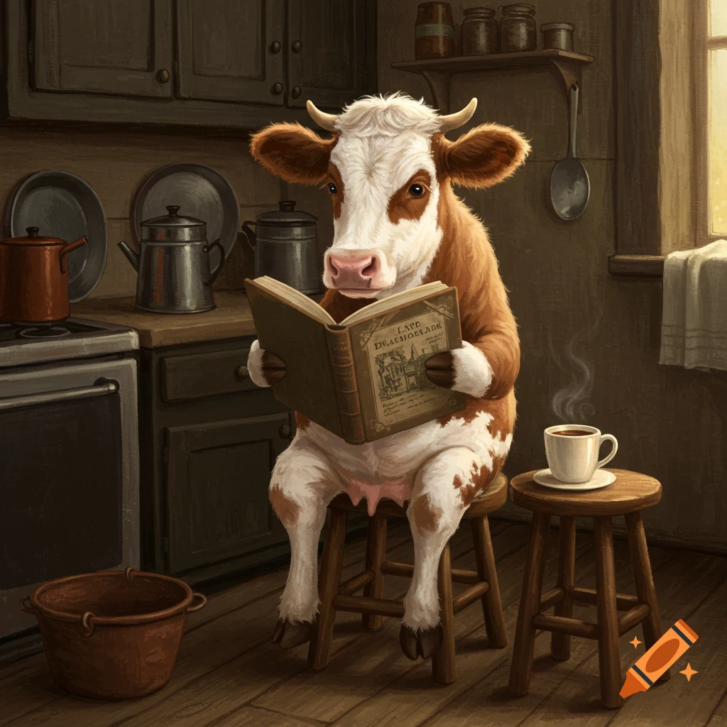 A painted image of a cow sitting on a stool in a kitchen, reading a book and drinking coffee.