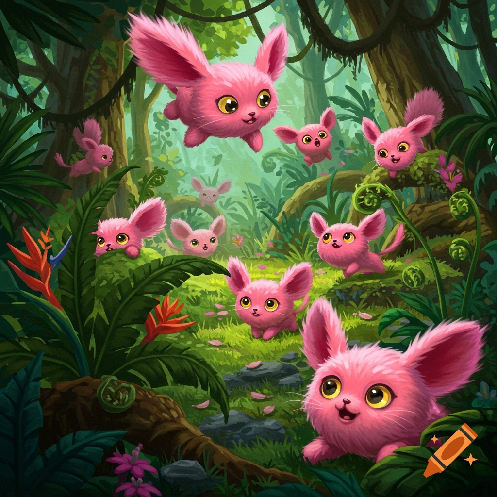 Fluffy pink creatures resembling rabbits playing hide and seek in a ...