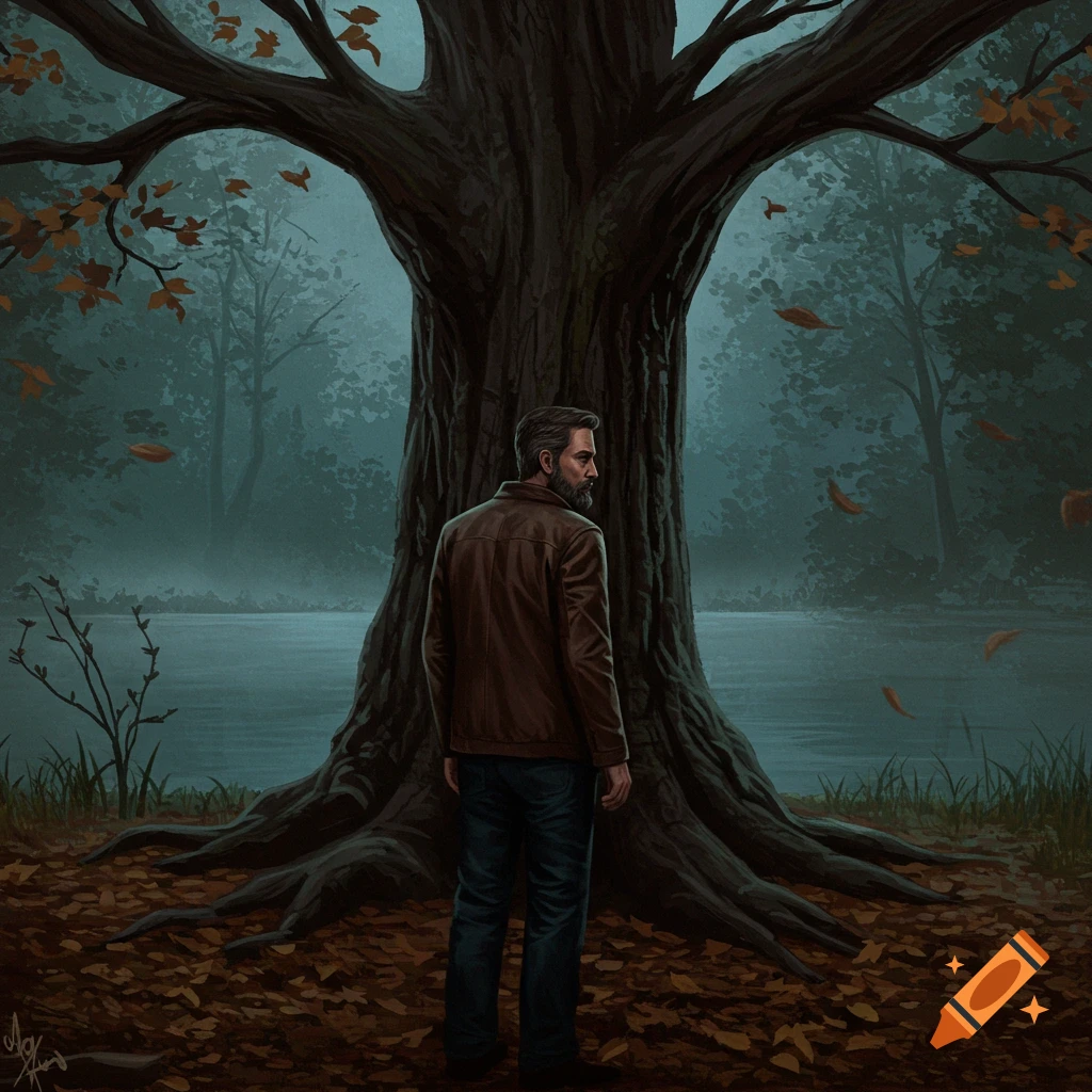 Painting of a man standing in front of a large tree by a lake with falling autumn leaves.