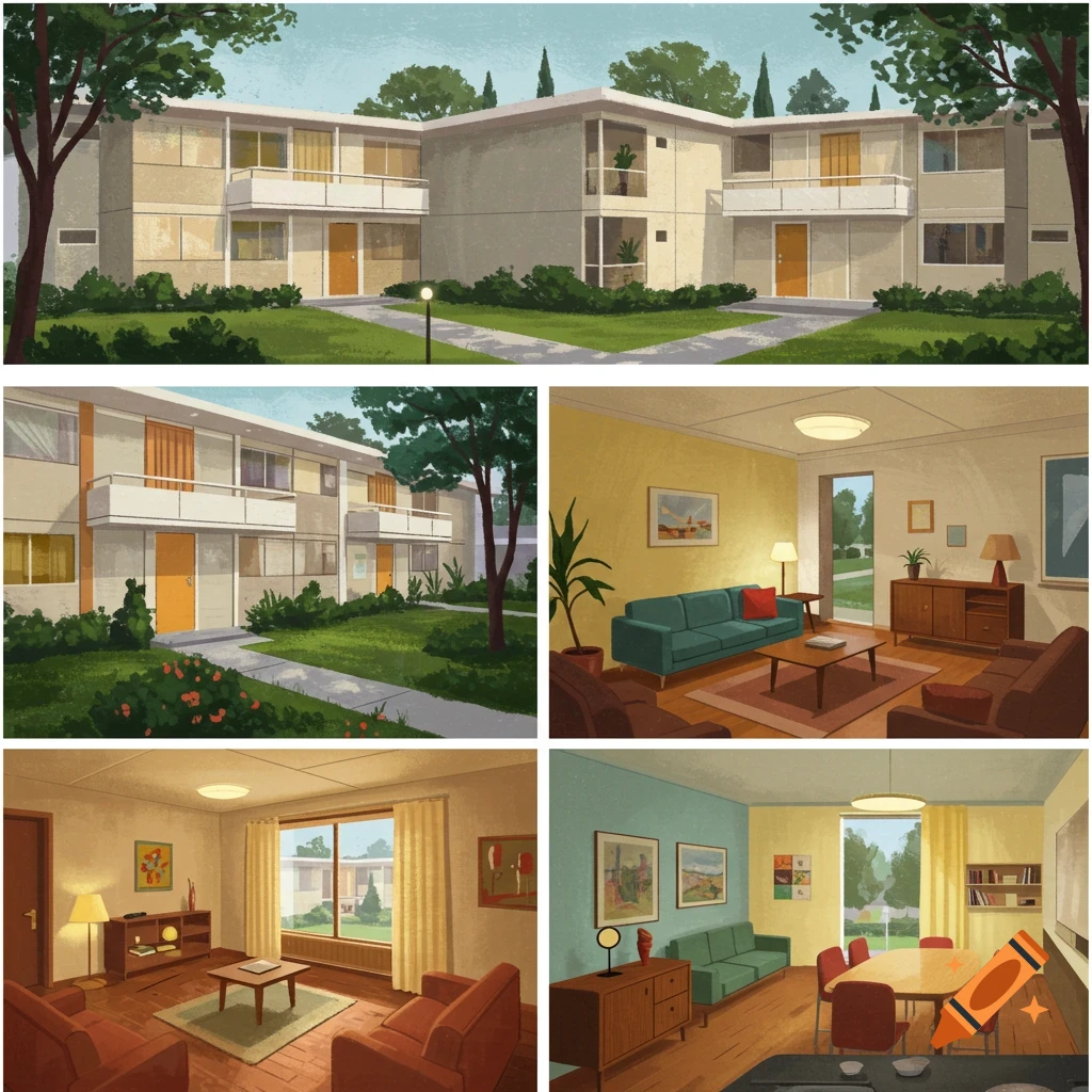 Illustration of a mid-century modern apartment building exterior and interiors.
