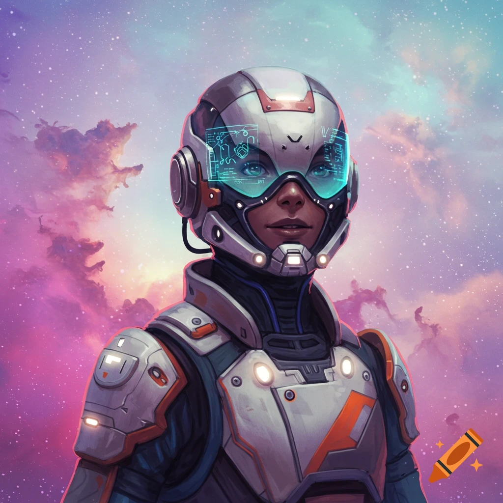 Portrait of a person in a detailed sci-fi space suit with a complex helmet visor, set against a starry sky.