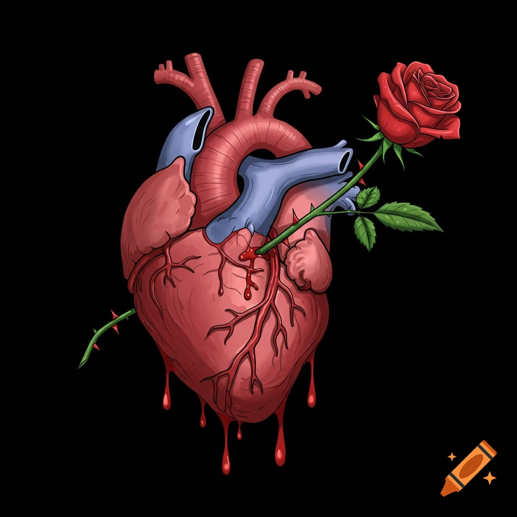 Cartoon illustration of an anatomical heart pierced by a thorny rose stem, dripping blood.