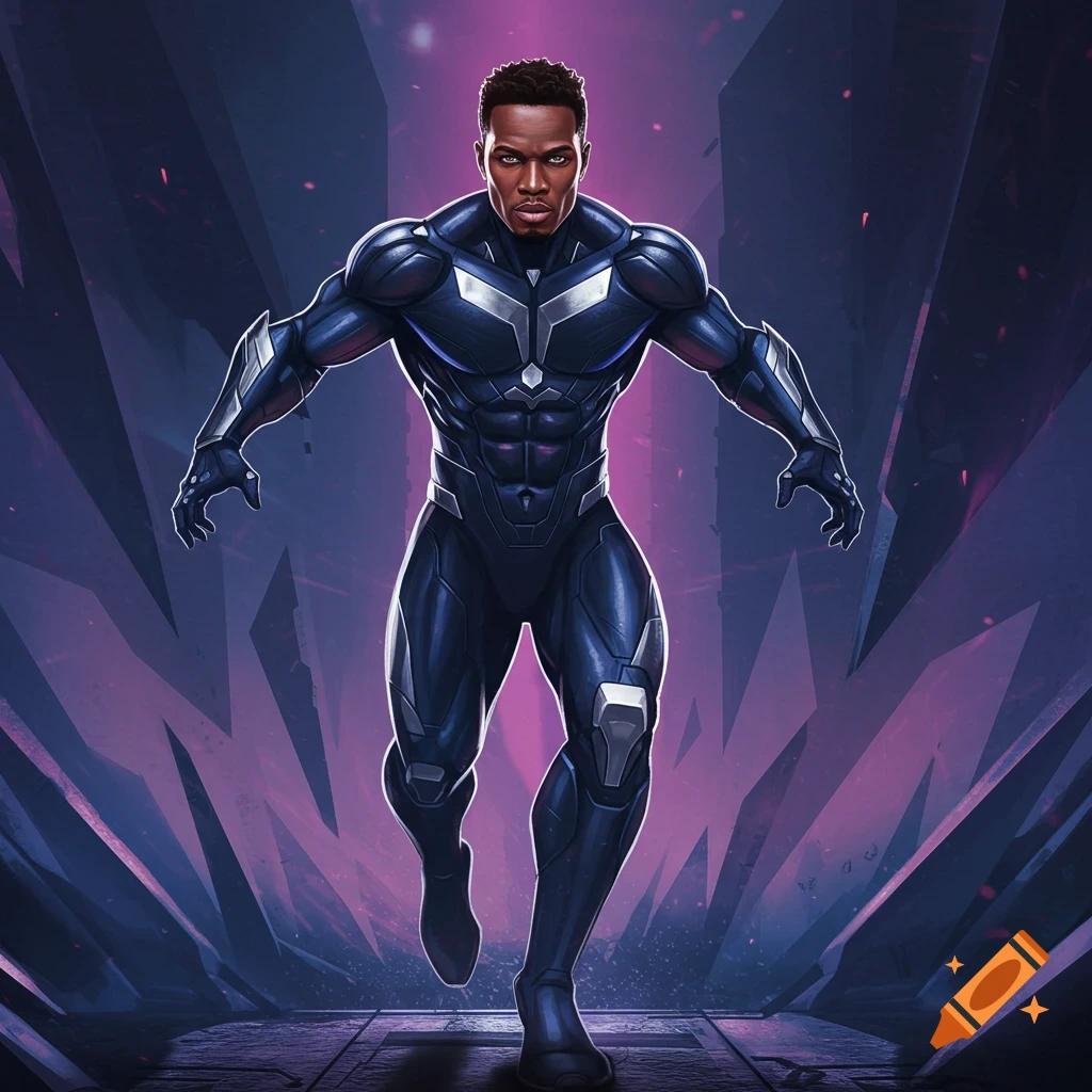 A male superhero in a blue and silver suit stands in a futuristic setting.