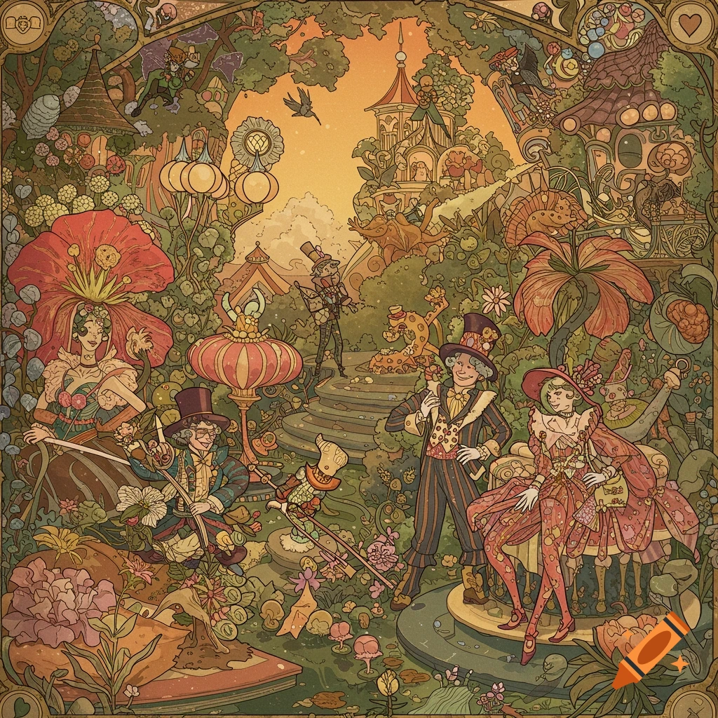 Intricate art nouveau style illustration of dandy characters in a whimsical garden with large flowers.
