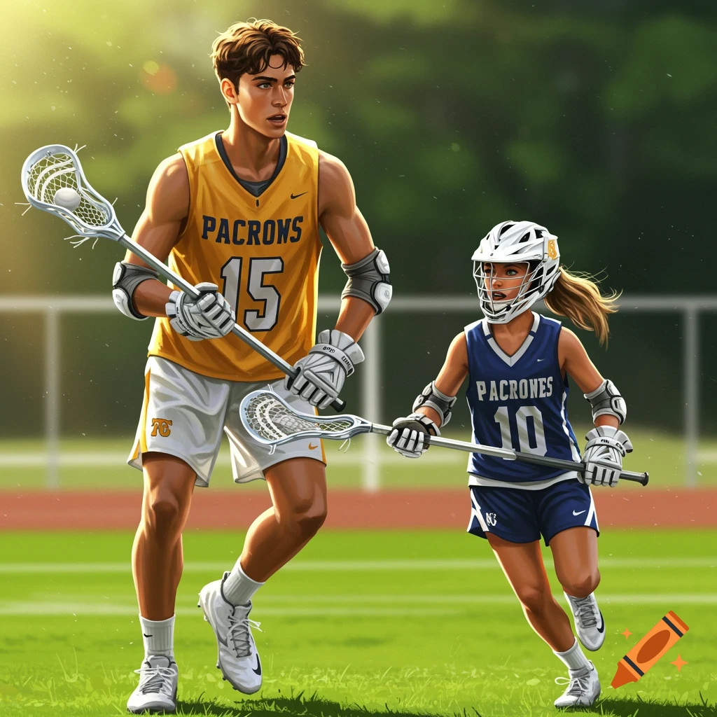 Two young lacrosse players, a male in a yellow jersey and a female in a blue jersey, run on a field.