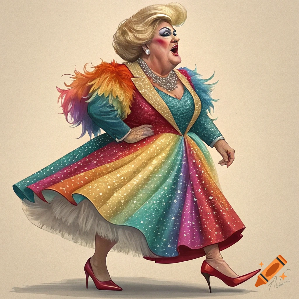 Illustration of a drag queen in a rainbow sequined dress and feather boa walking.