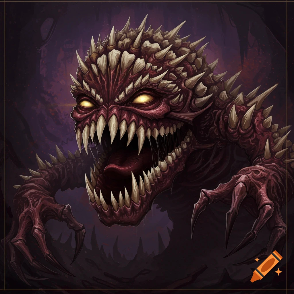 A terrifying monster made of teeth, with glowing eyes and claws, in a dark cave.