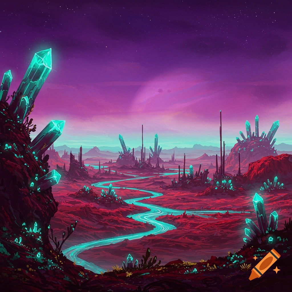 Alien landscape with red ground, winding blue river, glowing blue crystals, and purple sky with stars.