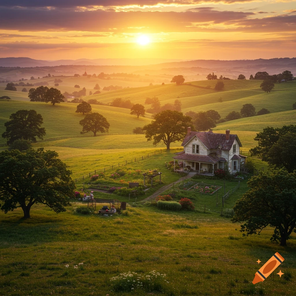 Photorealistic landscape of a rural house and garden nestled in rolling green hills at sunset.