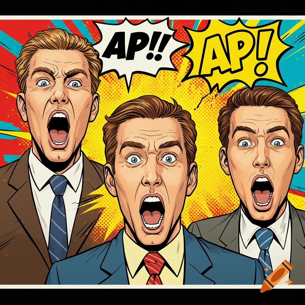 Pop art illustration of three men in suits yelling with speech bubbles saying 'AP!!' and 'AP!'