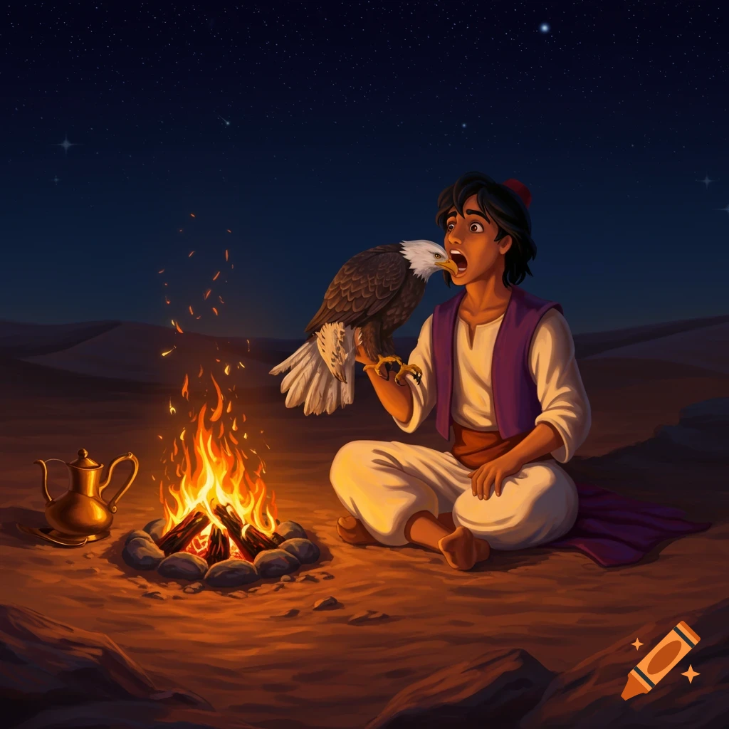 Aladdin sits by a campfire at night with a bald eagle perched on his hand, biting his finger.