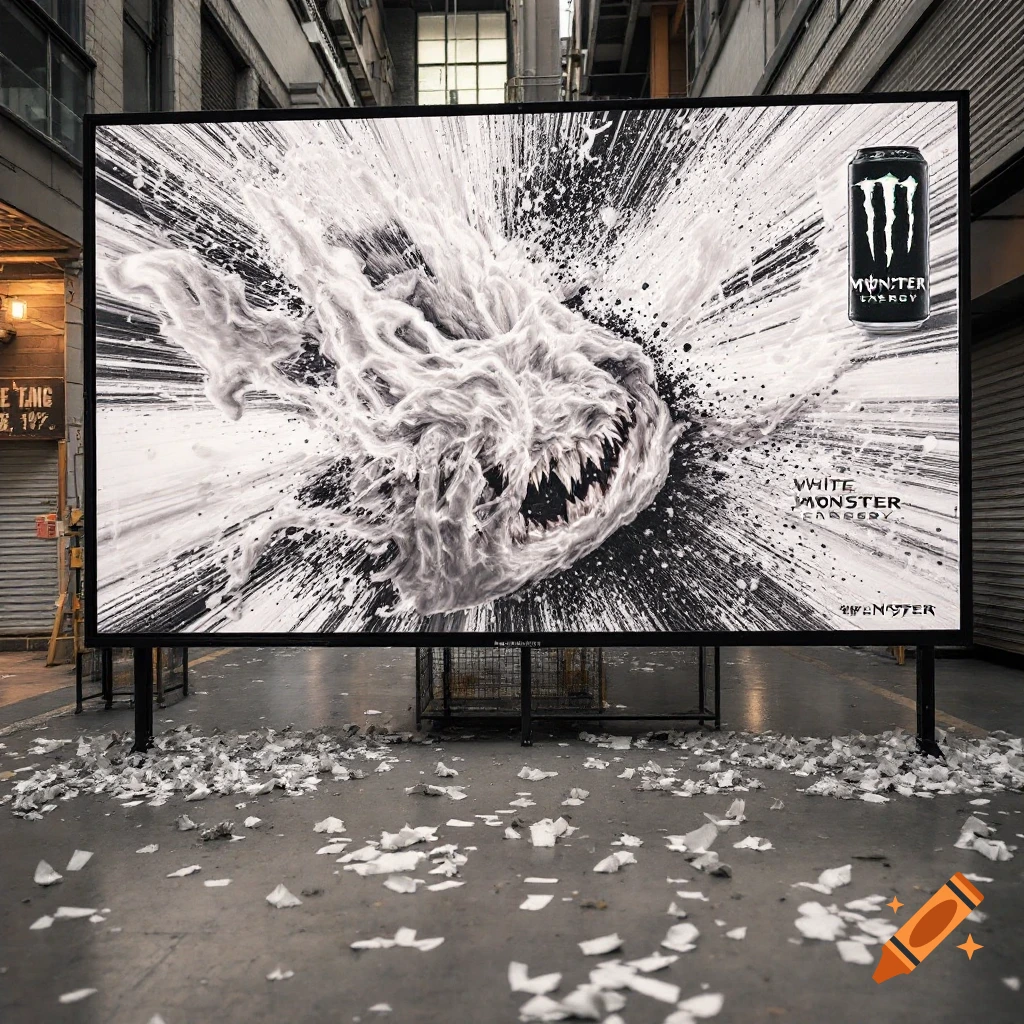 A large billboard on a street displays a black and white abstract monster advertising Monster Energy.