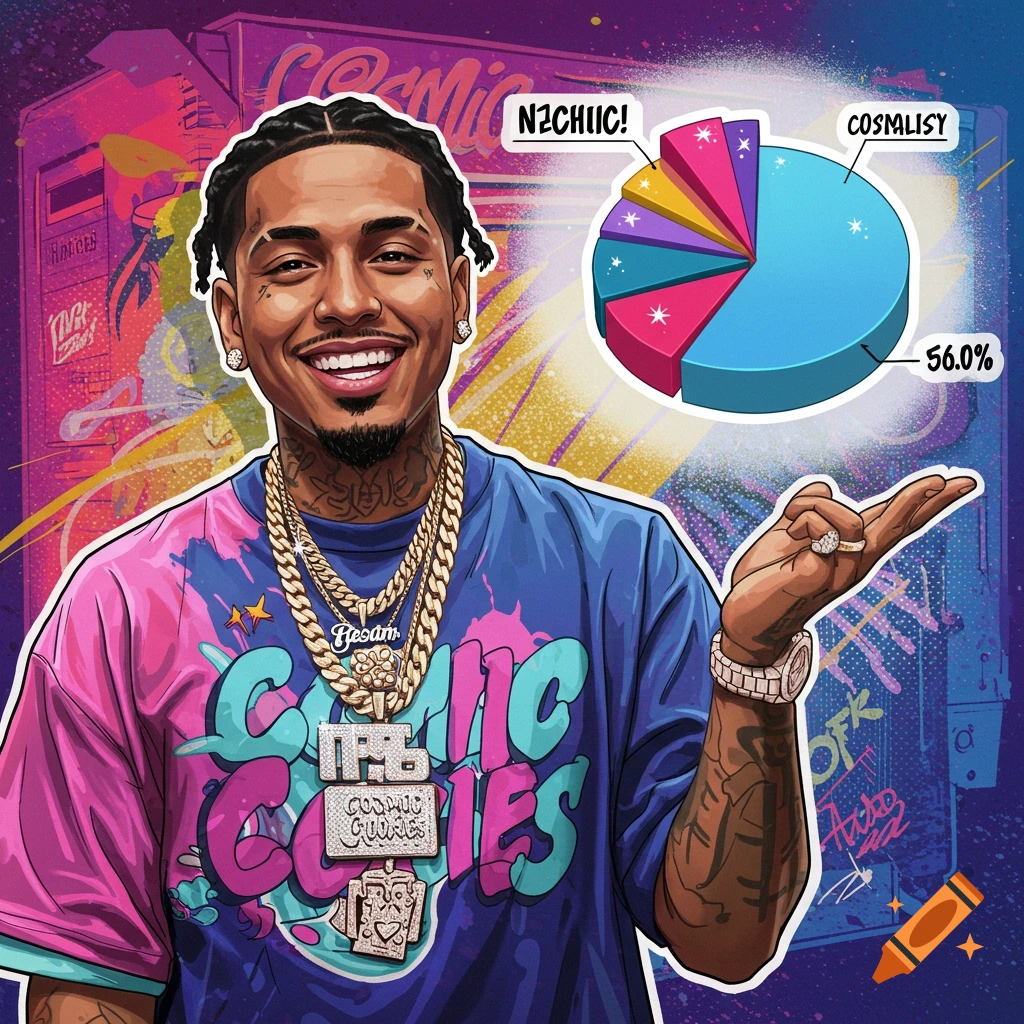 Illustration of a rapper with gold chains pointing at a pie chart in a vibrant style.