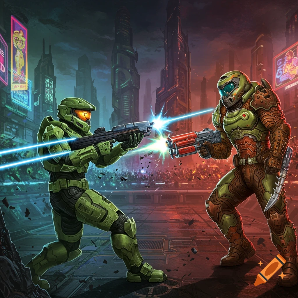 Master Chief and Doom Slayer fight with energy weapons in a futuristic city.