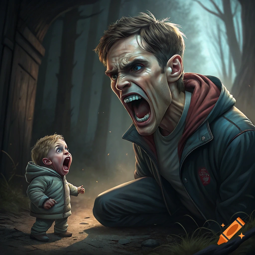 A large, screaming man kneels opposite a tiny, screaming child in a dark forest.