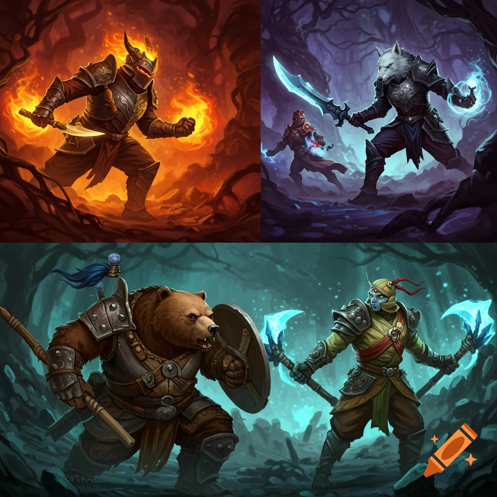 Grid of four fantasy illustrations: fire knight, wolf warrior, bear warrior, and elf warrior.