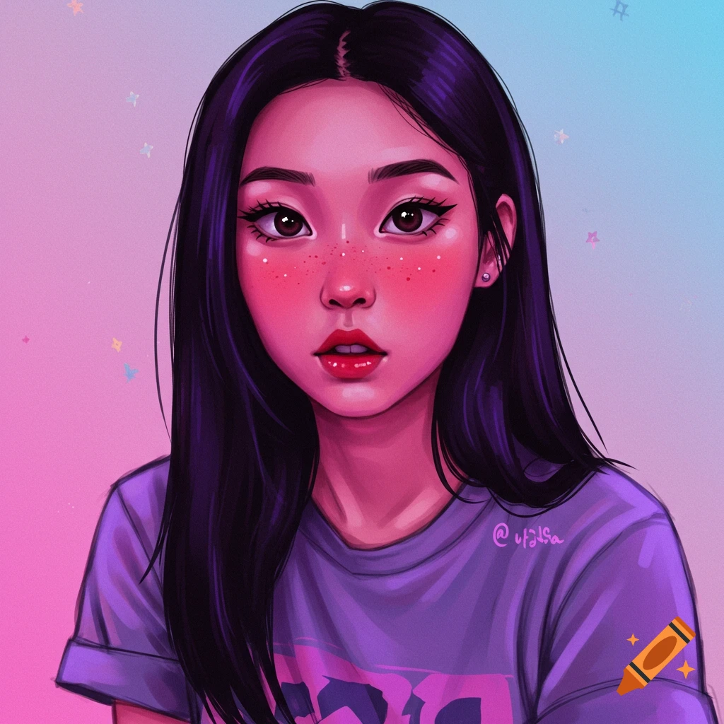 Stylized illustration of a young woman with dark hair, freckles, and red lipstick.