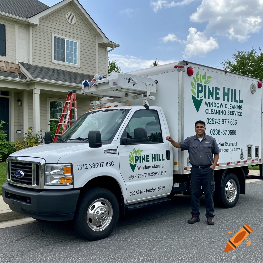 Man standing next to a white Pine Hill window cleaning service truck in front of a house.