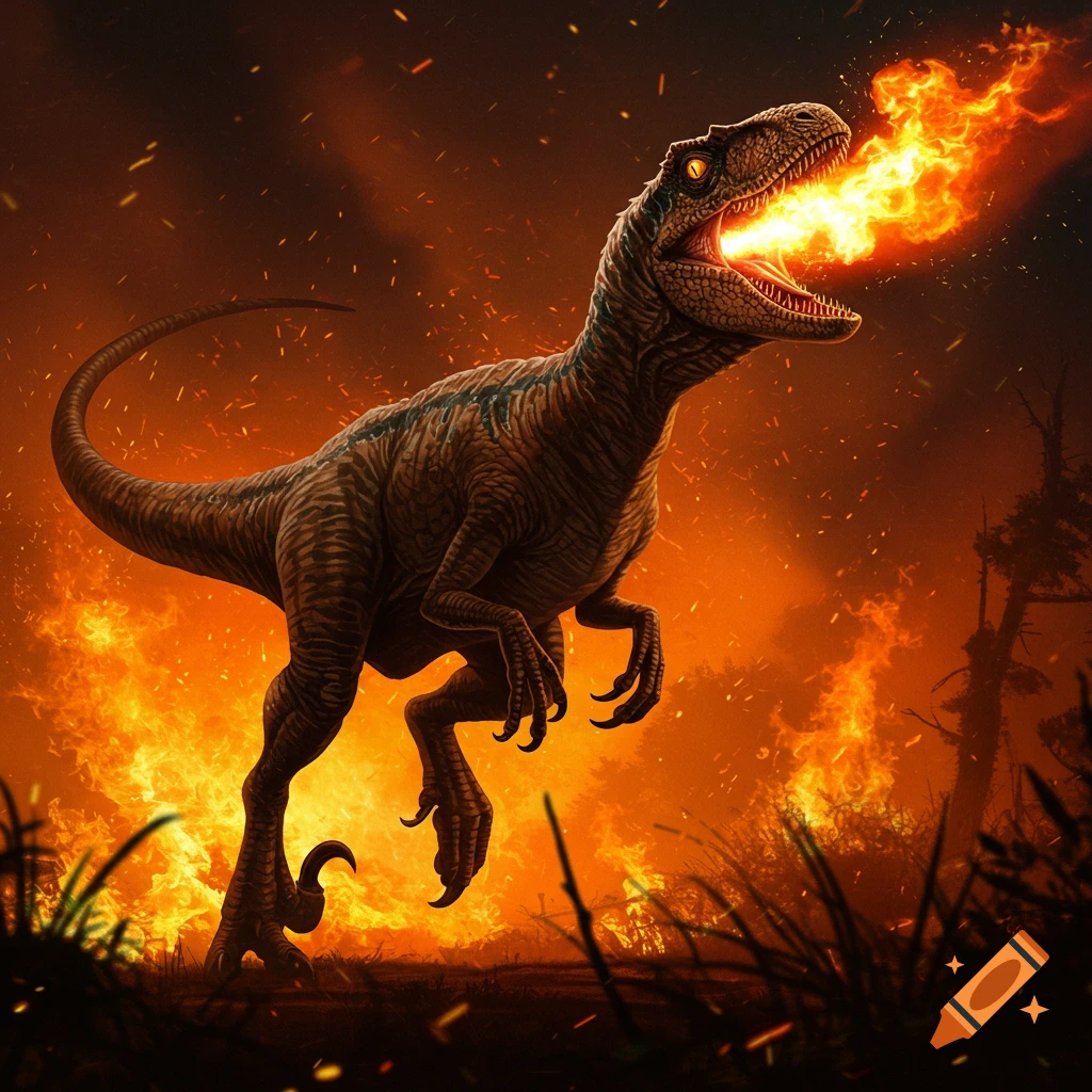 Detailed illustration of a raptor dinosaur breathing fire in a dark, burning landscape.