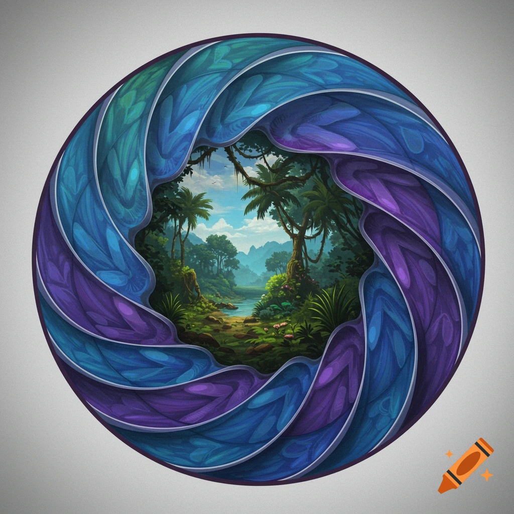 A jungle landscape with a river seen through a circular stylized blue and purple aperture.