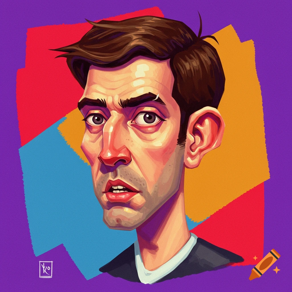 Stylized caricature portrait of a man against a colorful background.