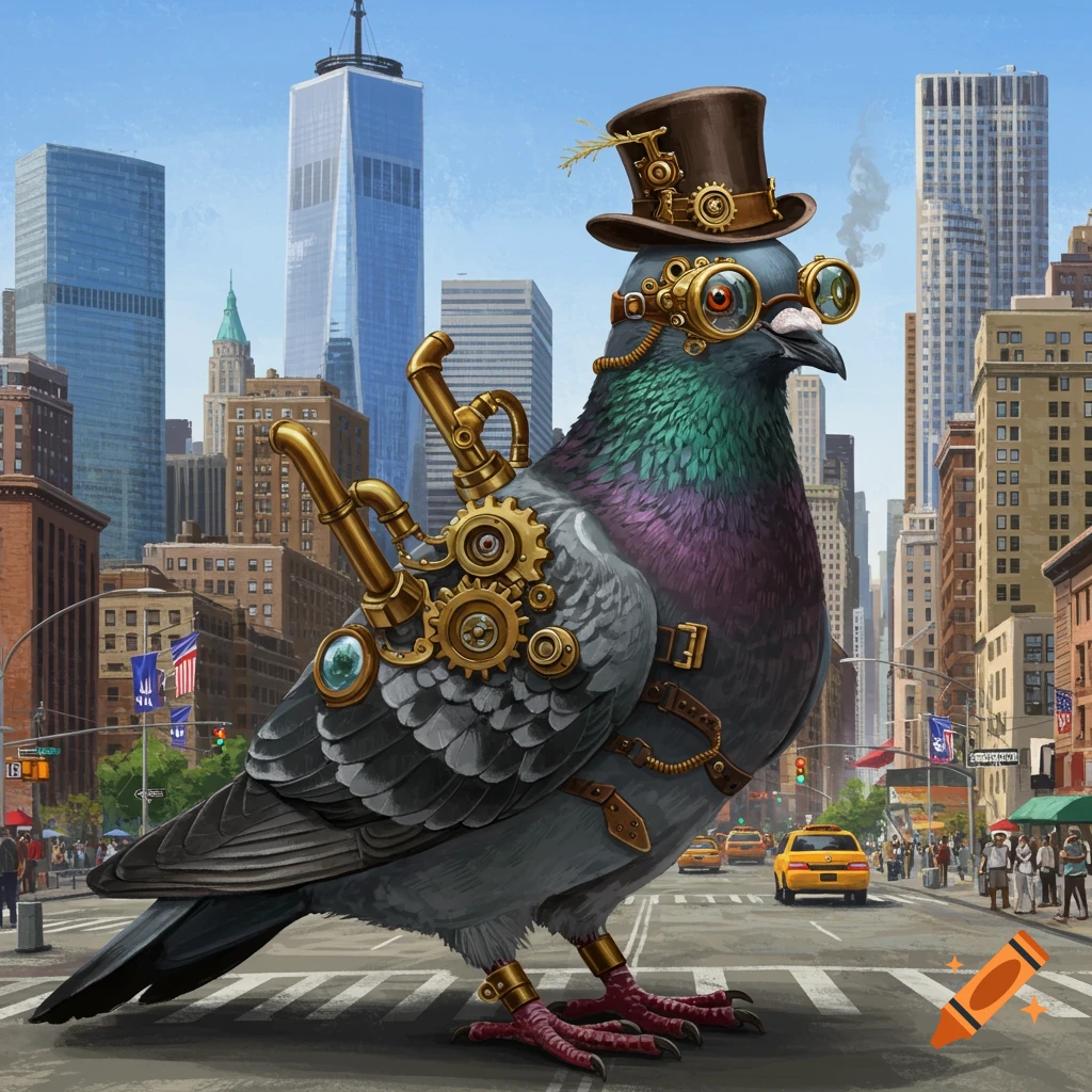 A giant steampunk pigeon wearing a top hat and goggles stands in the middle of a New York City street.