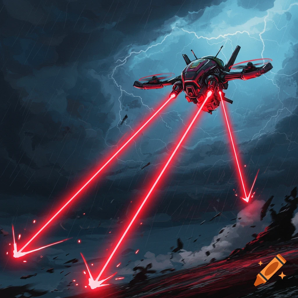 A futuristic drone shoots red lasers downwards during a stormy sky in a stylized illustration.