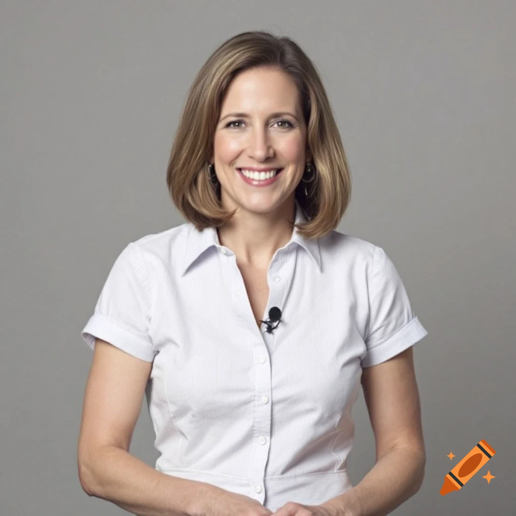 Portrait of a woman smiling, wearing a white striped shirt and microphone.